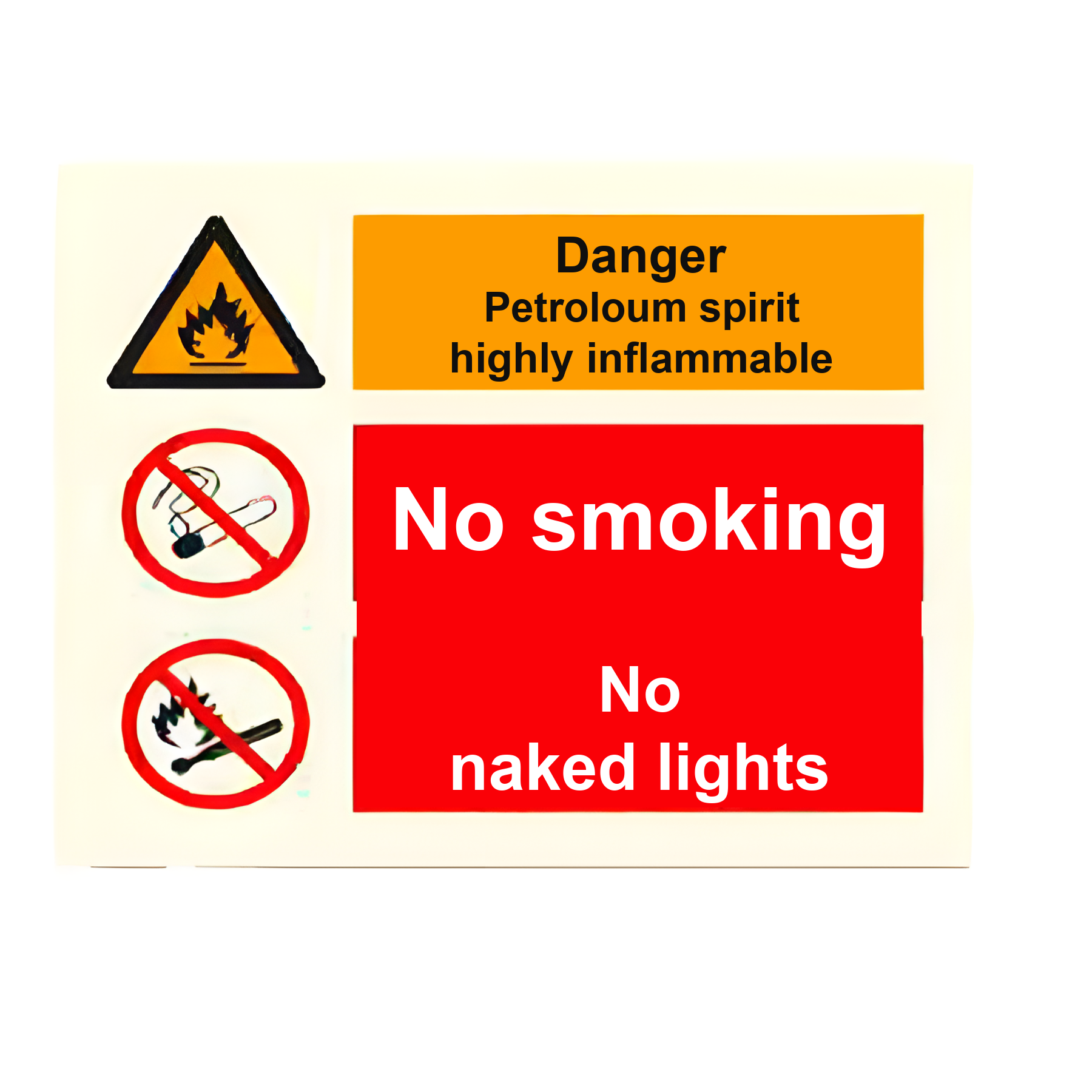 C38 — Danger petroleum spirit highly inflammable - no smoking, no naked lights | Combination Sign | Seasonlite