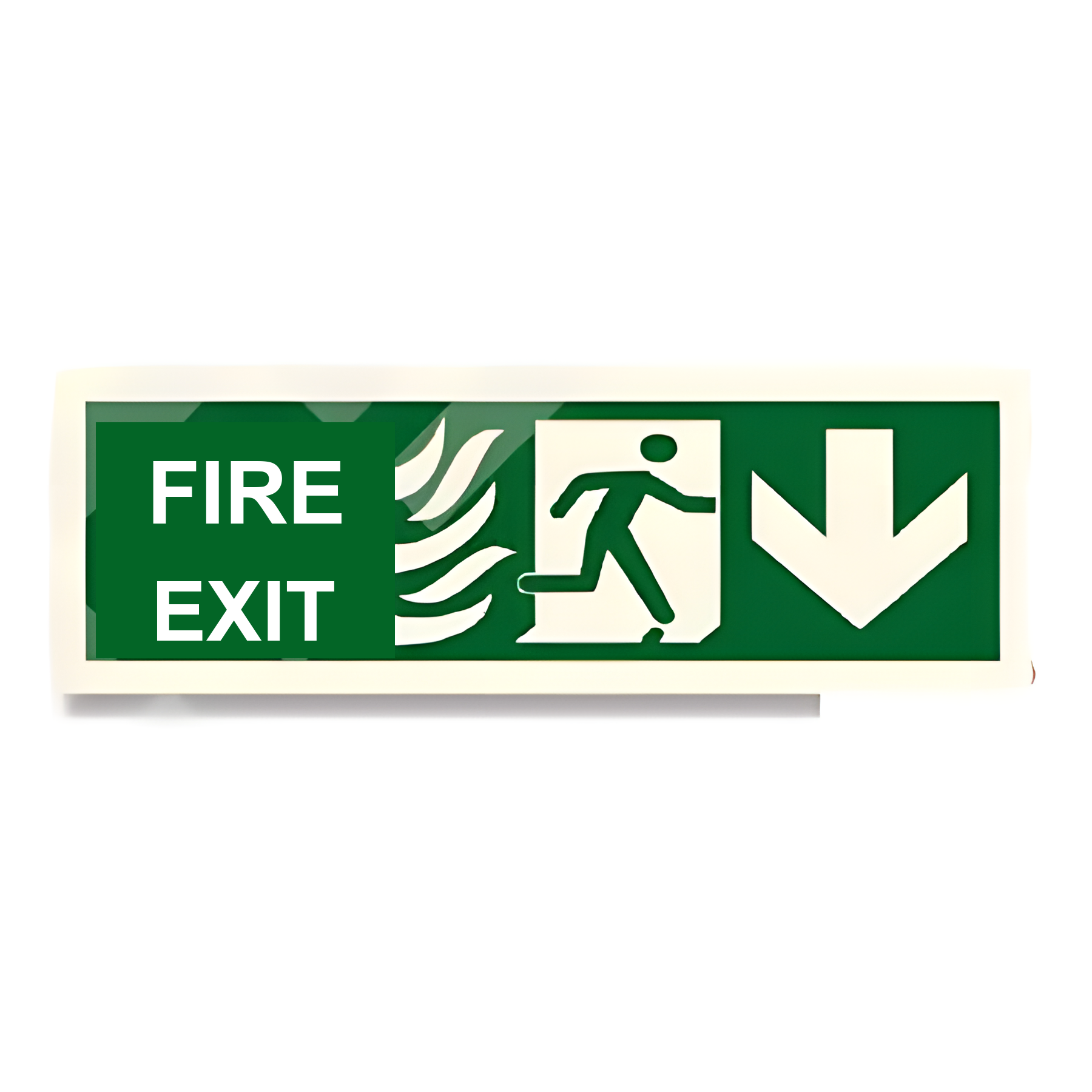 D110 — SWGS - Fire Exit + tactile strip + running man + arrow down | Direction Sign | Seasonlite