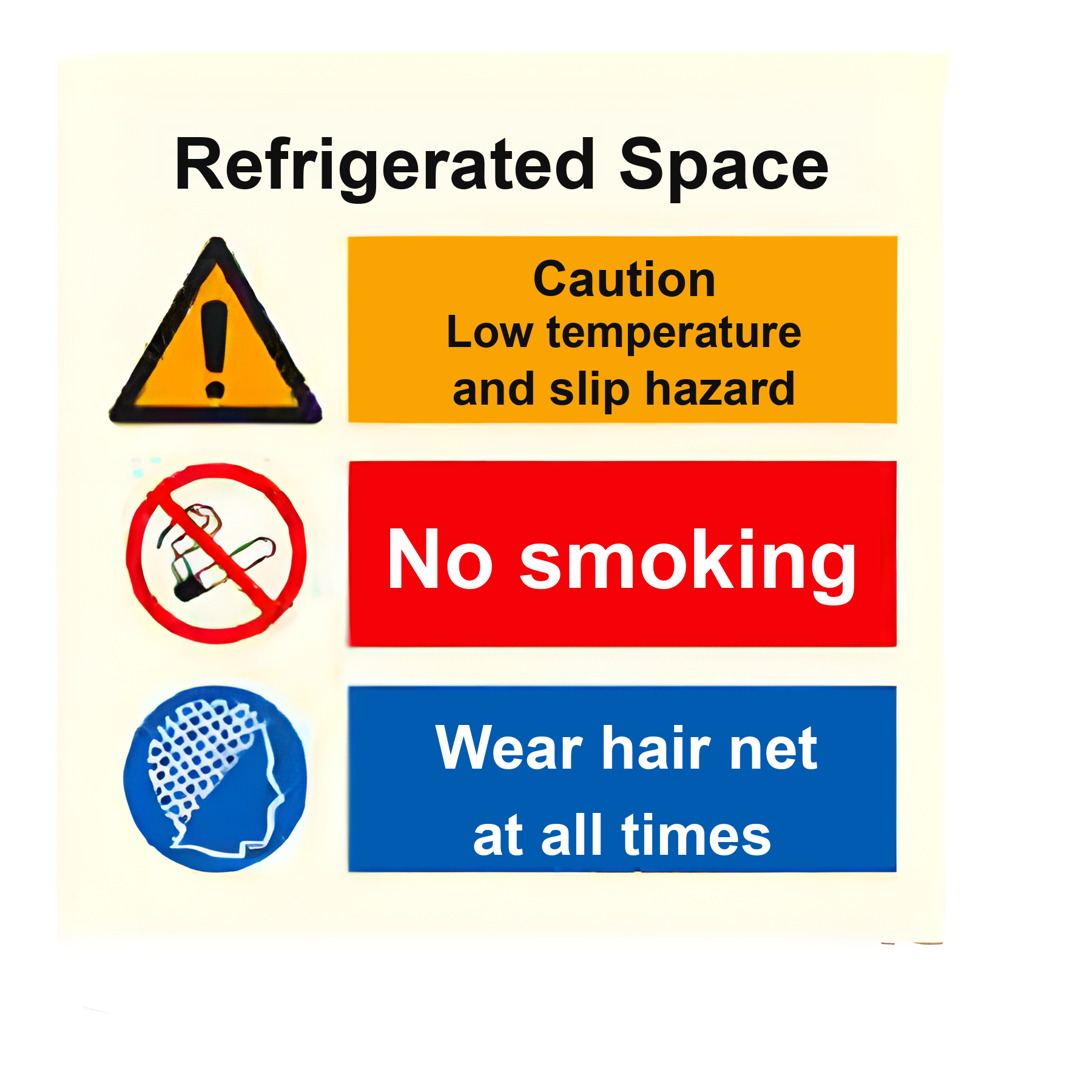 SI01 — Refrigerated Space - low temp/slip hazard, no smoking, wear hair net | Space Identification Sign | Seasonlite