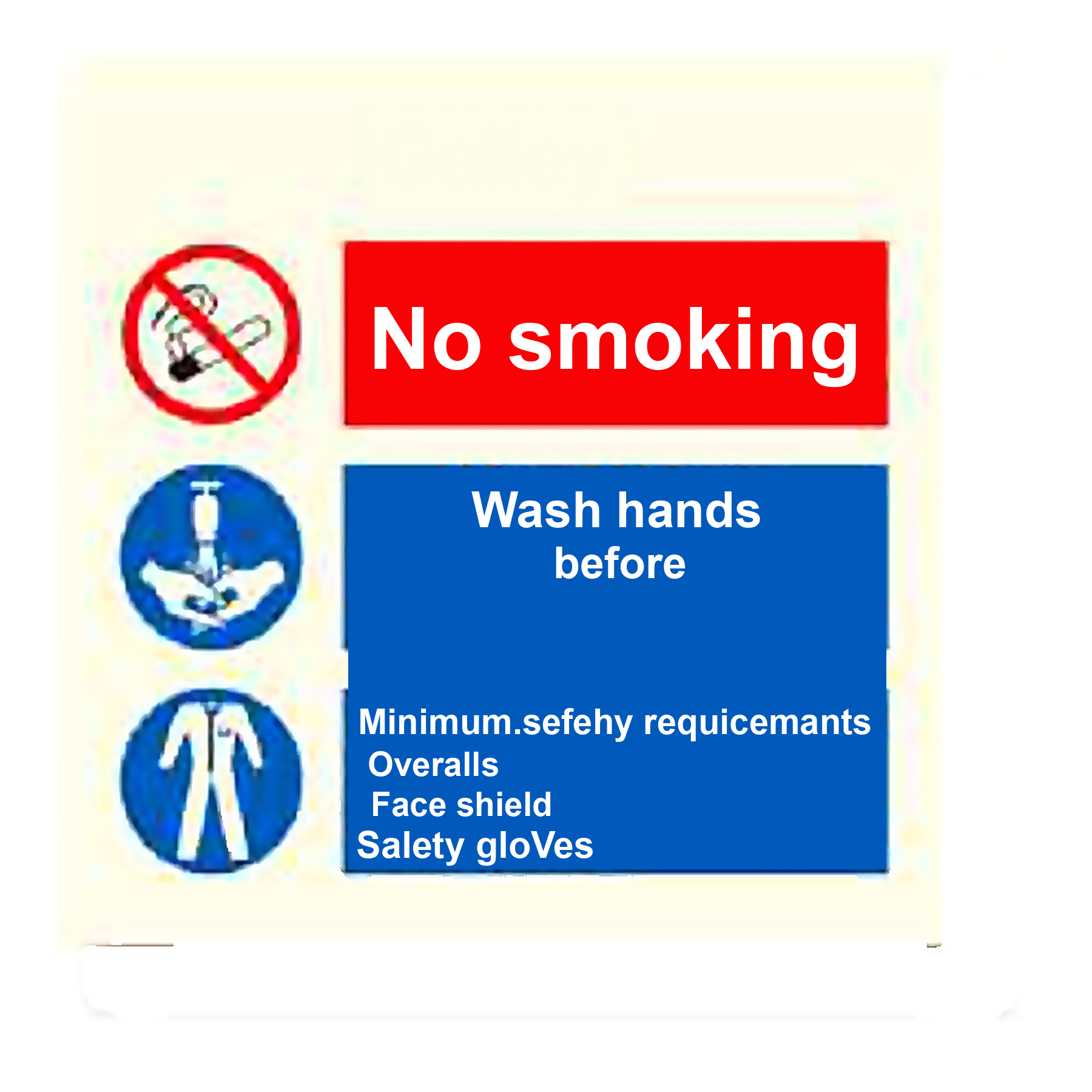 SI03 — Galley - no smoking, wash hands before preparing food, PPE required | Space Identification Sign | Seasonlite
